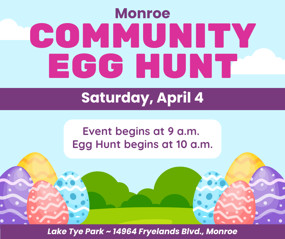 Graphic advertising Monroe Community Egg Hunt.